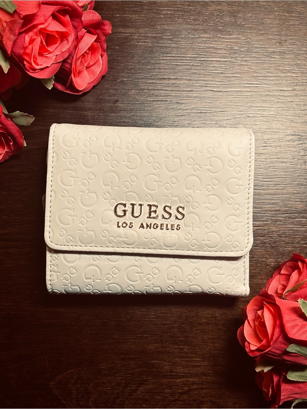 GUESS Cream Embossed Los Angeles Trifold Wallet with Gold Logo